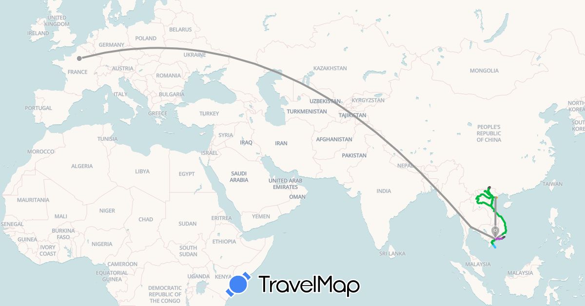 TravelMap itinerary: driving, bus, plane, train, boat, hitchhiking, motorbike in France, Laos, Thailand, Vietnam (Asia, Europe)